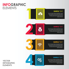 Circular infographic template with eight colorful speech bubble elements for presenting information and data.
Three colorful numbered steps with icons and text boxes for presentation or infographic.