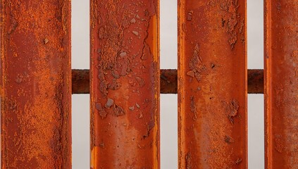 Detailed view of an aged iron barrier with orange and red rust tones
