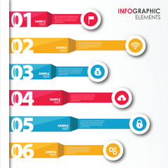 Circular infographic template with eight colorful speech bubble elements for presenting information and data.
Three colorful numbered steps with icons and text boxes for presentation or infographic.