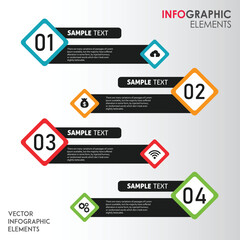 Circular infographic template with eight colorful speech bubble elements for presenting information and data.
Three colorful numbered steps with icons and text boxes for presentation or infographic.