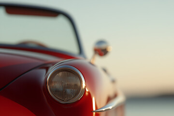 Close-up view of a classic red convertible car with an emphasis on the headlight and vintage design, evoking a sense of nostalgia and timeless style.