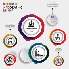Circular infographic template with eight colorful speech bubble elements for presenting information and data.
Three colorful numbered steps with icons and text boxes for presentation or infographic.