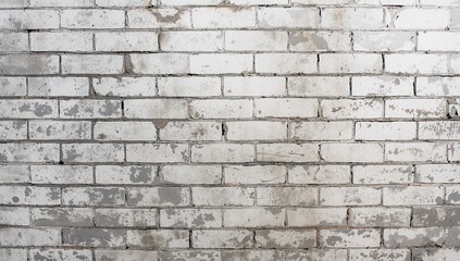 Abstract textured background of an aged brick wall in a rustic interior with white cement, square pattern, solid surface, worn and rough appearance