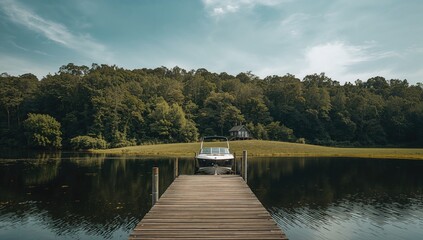 A fast boat moored at a wooden pier beside a river, surrounded by lush, untouched forest creating a secret retreat.