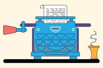 A blue vintage typewriter with paper and a cup of coffee on a beige background is depicted