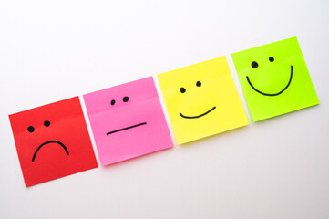 The concept of satisfaction or happiness, expressed with colorful sticky notes, with faces drawn on them, from sad to happy.