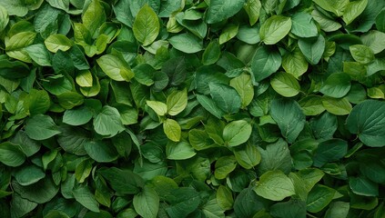 Fresh green foliage as a backdrop. Leafy green natural background. Greenery background with leaves spread out. Overhead view with empty space. Nature-inspired backdrop.