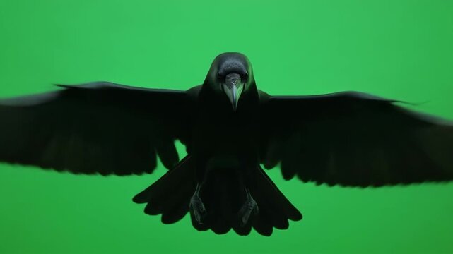 Majestic crow soaring on green screen, wings spread wide, offering a striking and adaptable visual for various creative project