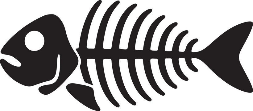 Fish Skeleton Black Silhouette Vector, Seafood Icon & Marine Design Art