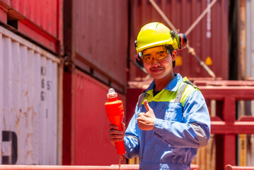 Deck officer of a merchant ship checking life saving equipment on board of the vessel.