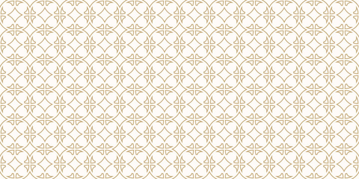 Golden geometric seamless pattern with arabic quatrefoil motifs. Elegant ornamental texture background featuring star shapes, interlacing grid. Luxury white and gold design for wallpaper, print, wrap
