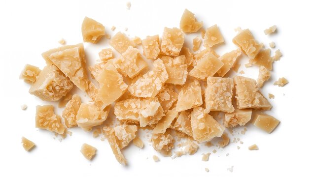 Top view of coarse chunks of aged hard cheese with clipping paths and isolated shadows