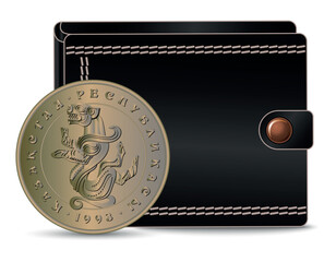 Obverse 5 tenge coin Kazakhstan. A 5 tenge coin Kazakhstan next to the wallet.