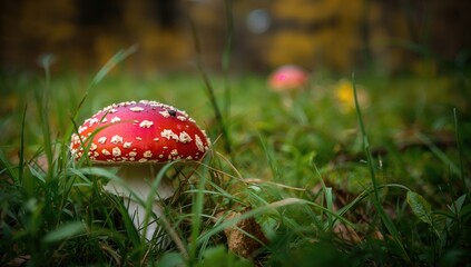 Detailed view of a fly agaric mushroom on the grass