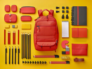 Colorful school supplies flatlay yellow background