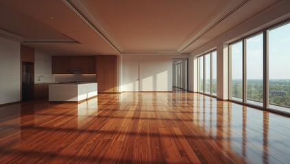 Obraz premium Stunning vacant flat featuring wooden flooring and contemporary cooking area