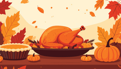 Thanksgiving dinner with turkey and pumpkin pie