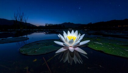 A serene nightscape features a luminous water lily, its white petals reflecting in calm waters under a starry sky. Mountains frame the distant horizon