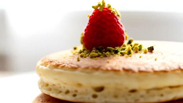 Close-up of a fluffy pancake topped with raspberry and pistachios, bright background
