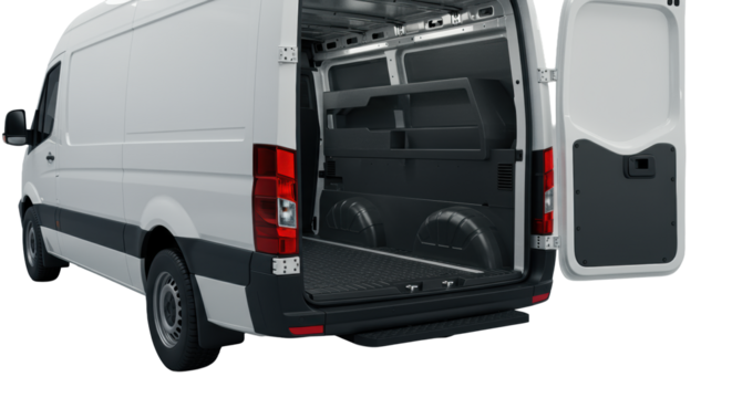 Pristine, high-gloss white commercial delivery van rear cargo section, door partially open, revealing meticulous interior & black seals. Low-angle studio macro shot. Concept of industrial design