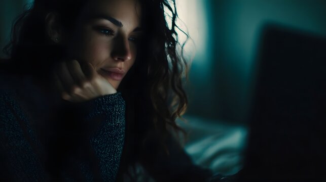 A woman engrossed in an online course on her laptop in a dimly lit room