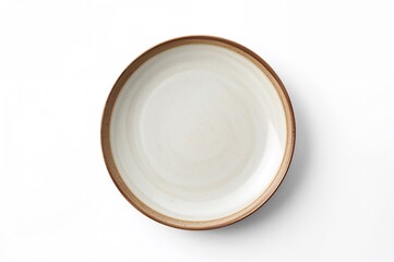 Round white ceramic plate with a brown rim, isolated on a plain background, side perspective