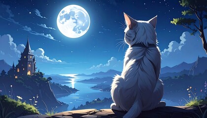 A serene nighttime scene with a white cat gazing at a full moon over a tranquil lake and mountains, castle on the horizon
