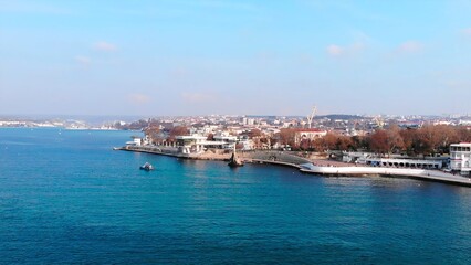Fototapeta premium Aerial view of sevastopol bay and sunken ships monument. Media
