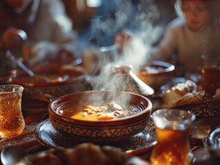 Algerian family sharing traditional harira soup