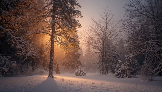 Scenic snowy woodland with festive lights and trees