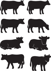 Cow different poses silhouette set &ndash; black cattle vector collection showing standing, grazing, walking cows for farm, ranch, dairy, and agriculture design projects