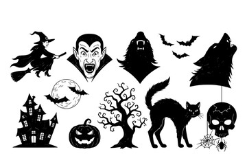 Obraz premium Classic Halloween Character Black Silhouette Set: Witch, Vampire, Werewolf, Black Cat, Skull. Detailed Linocut Look Vector Motifs. 