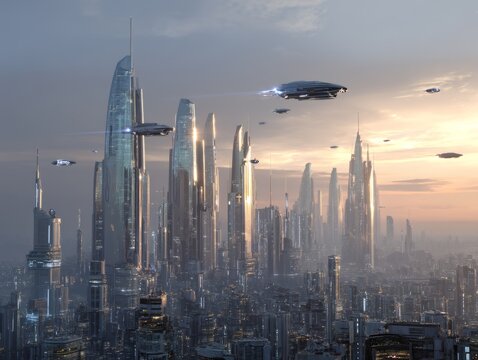 Futuristic City Skyline at Sunrise with Flying Cars and Glass Skyscrapers