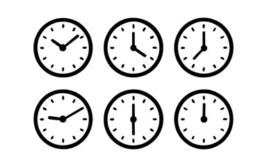 Set of minimalist clock faces displaying different times