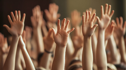 Students raising their hands to participate in class.