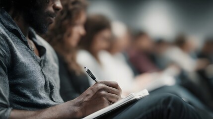 Focused attendees taking notes during a professional seminar
