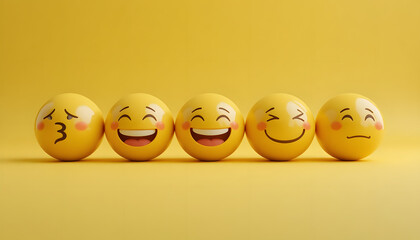 Row of yellow eggs with emoji expressions on bright background. Generative AI
