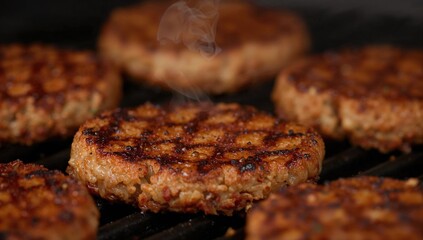Close-up of plant-based burger patties being grilled for a vegetarian meal