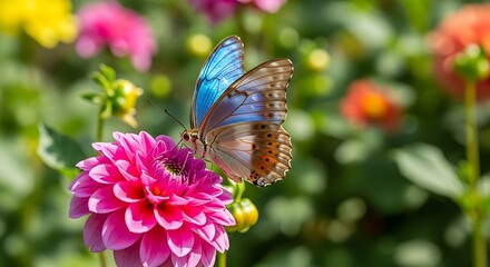 Butterfly on Pink Dahlia Flower in Sunny Garden - A Close-Up.