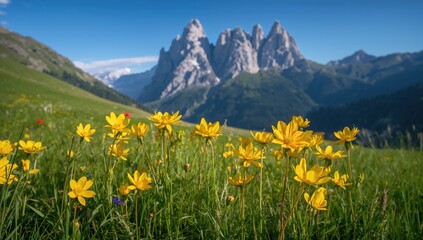 Mountainous meadow blossoming with spring flowers in vibrant yellow hues