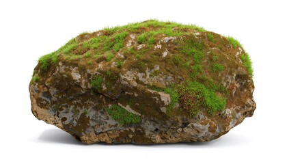 Large moss-covered rock isolated on a white backdrop