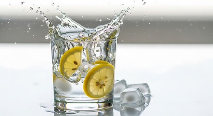 Refreshing clear water splashing in a tall glass with lemon slices and ice cubes on a white background