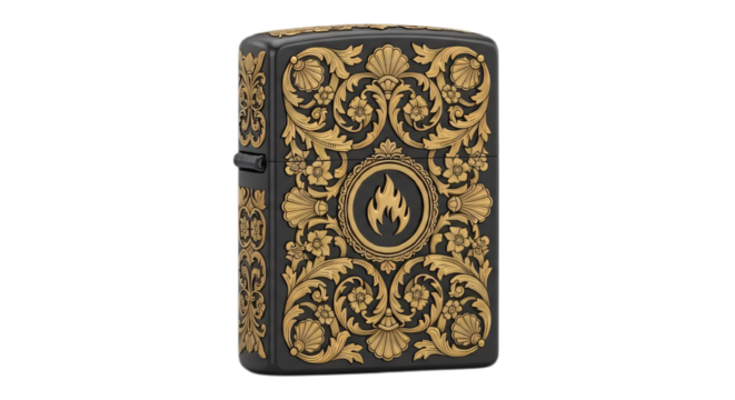 Luxury Black and Gold Baroque Metal Lighter on White Background