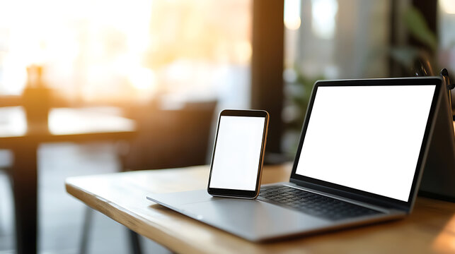Laptop and smartphone with blank screens on a wooden table in a bright cafe. Ideal for showcasing digital interfaces.