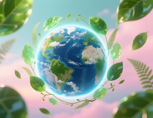 Vibrant Earth Surrounded by Lush Greenery and Soft Clouds