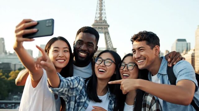 Company of friends making emotional selfie against famous city landmark, preserving fun moments and creating shared memories of joint journey.