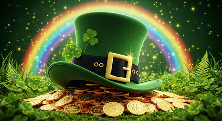 A green leprechaun hat sits atop a pile of gold coins, with a rainbow and shamrocks in the background, representing Irish folklore and St Patrick's day © PhotoArtHub