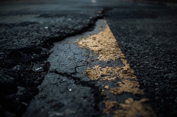 Obraz premium Concrete pavement with deteriorating yellow line detail in an abstract style