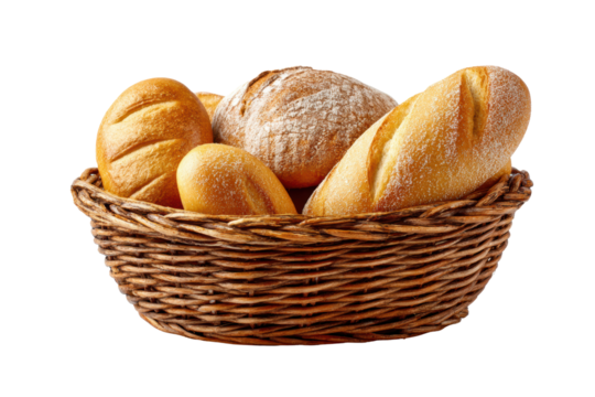 A basket of bread is shown on a white background. The bread is of different shapes and sizes, and it is freshly baked. The basket is woven and has a rustic, homey feel to it