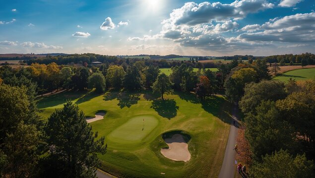 Aerial perspective of a golf putting green taken from a drone - Powered by Adobe